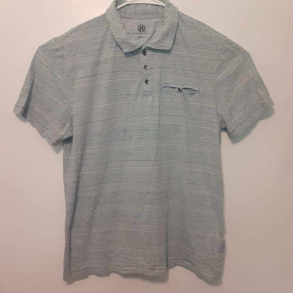 Rock & Republic Adult Men's L Blue Striped Short Sleeve Polo Shirt Cotton Blend